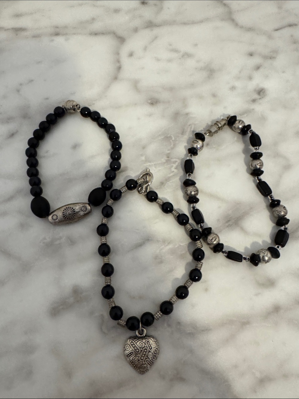 Black Beaded Bracelet Bundle  with Silver Accents